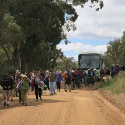 Leaving the coach to walk along St Clements Way to Binalong 12 Oct 2017